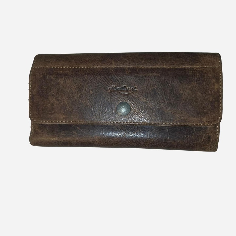 Hearth & Hand Brown Leather Distressed Trifold Clutch Wallet Boho Snap Closure - Picture 1 of 4